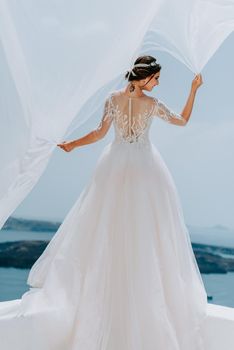 tender young bride against the blue sky and ocean. she keeps at hands waving in the wind veil