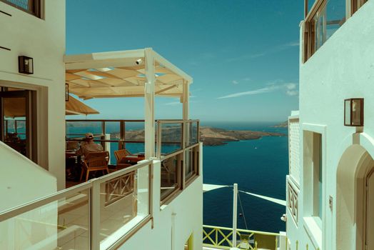 Romantic restaurant. Greece, Santorini, restaurant above the volcano