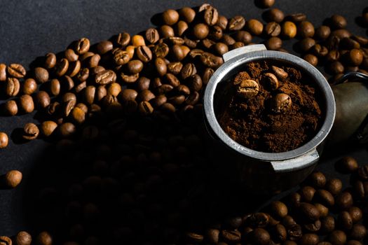 coffee beans on black background.