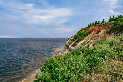 Cliff on the riverbank. Lobach mountain on the Volga river.