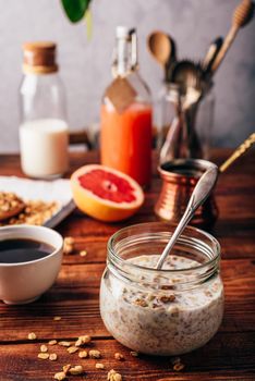 Healthy breakfast with homemade granola, turkish coffee, fruits and freshly squeezed juice