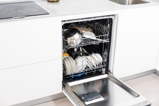 Modern dishwasher open, technology, kitchen