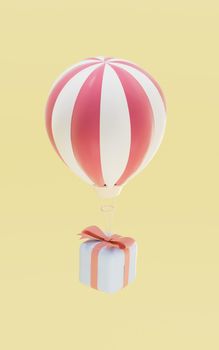 Balloons and gifts with yellow background, 3d rendering. Computer digital drawing.