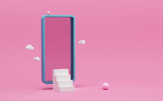 Mobile phone and stairs with pink background, 3d rendering. Computer digtial drawing.