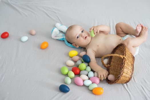 Cute little boy with bunny ears, Easter.