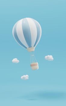 Blue cartoon hot air balloon, 3d rendering. Computer digital drawing.