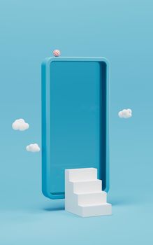 Mobile phone and stairs with cyan background, 3d rendering. Computer digital drawing.