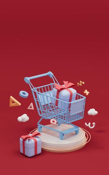 Shopping cart and gifts, shopping theme, 3d rendering. Computer digital drawing.