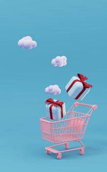 Shopping cart and gifts, shopping theme, 3d rendering. Computer digital drawing.