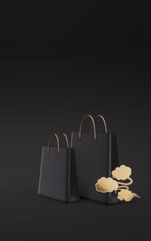 Black shopping bags with black background, 3d rendering. Computer digital drawing.