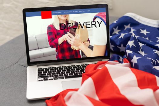 Box and USA America flag, Import Export Shopping online or eCommerce finance delivery service store product shipping, trade, supplier concept