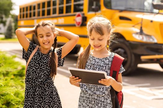 Happy life. Happy smiling friends. Have fun. Happy kids relaxing outdoors. Joyful friends. Sisterhood and friendship. Cheerful schoolgirls on sunny day