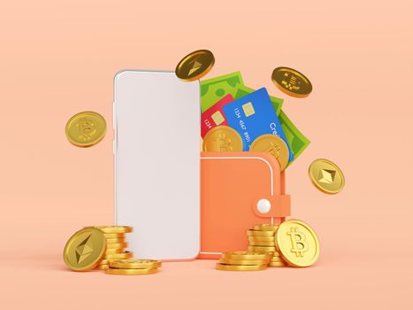 Cryptocurrency wallet application on smartphone, 3d illustration