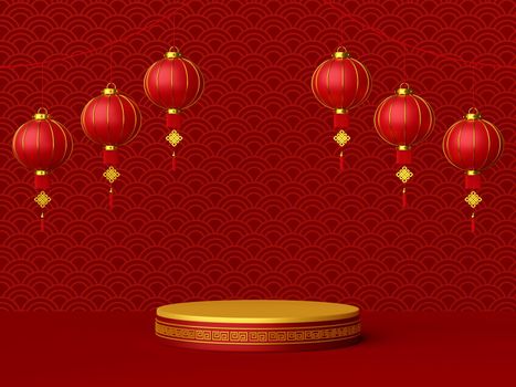 3d illustration of podium with Chinese lantern, Happy Chinese New Year