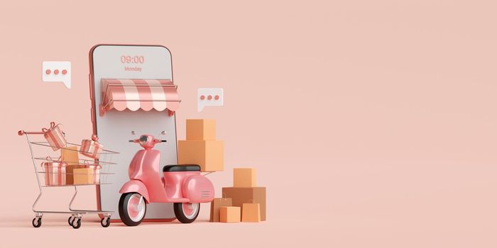 Delivery service on mobile application, Transportation delivery by scooter, 3d rendering