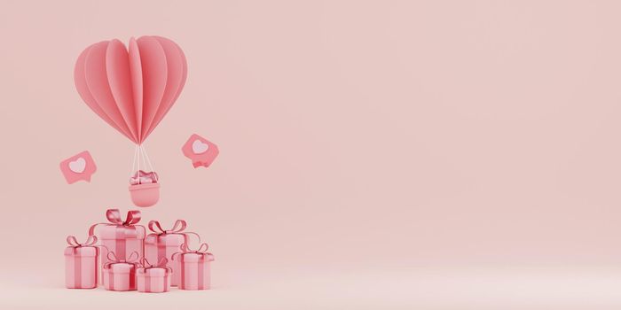 Valentine's day banner background of heart shape balloon with gift box, 3d rendering