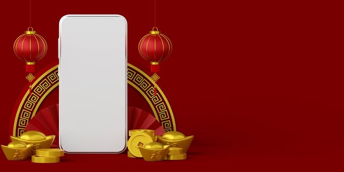 3d illustration of Chinese new year banner with smartphone with hanging lantern, ingot and coin
