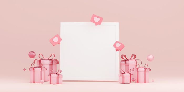 Banner of blank photo frame with pink gift box, 3d illustration