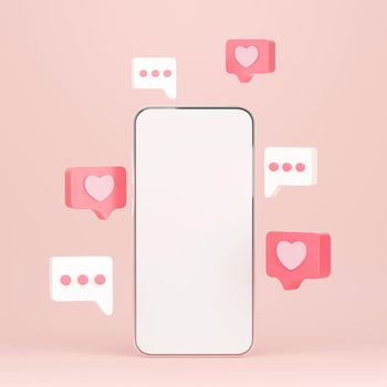 Valentine's day banner background of smartphone with bubble speech, 3d rendering