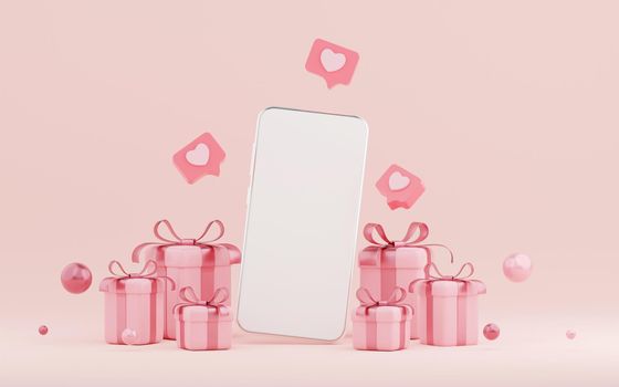 Valentine's day banner background of smartphone with gift box, 3d rendering