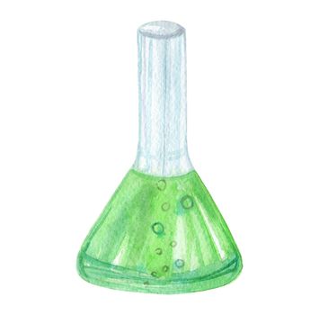 watercolor chemical bottle with green liquid isolated on white background