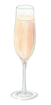 Watercolor hand drawn champagne drink in glass isolated on white background. Alcoholic white wine