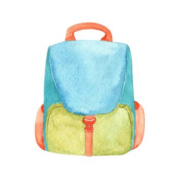 watercolor blue backpack isolated on white background. School bag. Travel bag