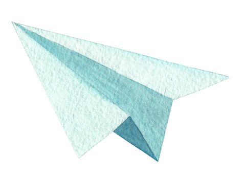 watercolor blue paper airplane isolated on white background