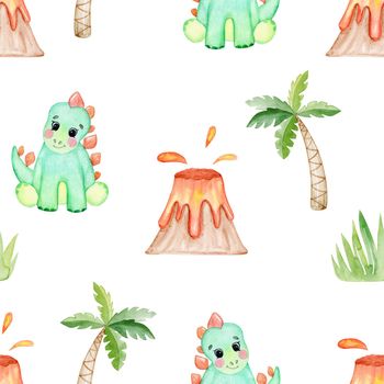 watercolor green dinosaur seamless pattern on white background. Cute dragon print for baby fabric, textile, wrapping, scrapbook , wallpaper