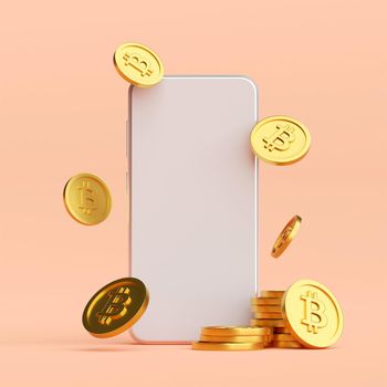 Bitcoin application trading on smartphone, 3d illustration
