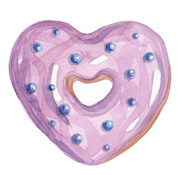 Watercolor hand drawn purple heart shaped donut with blue decoration isolated on white background