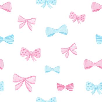 watercolor hand drawn pink and blue bows seamless pattern on white background. can be used for fabric, baby shower decorations, print, textile, wrapping paper,cards,scrapbooking