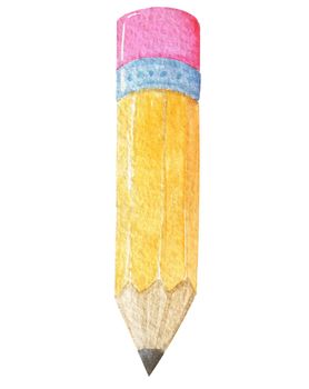 watercolor yellow pencil isolated on white background. School stationery