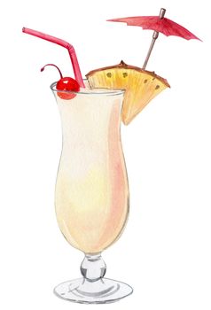 watercolor pina colada cocktail with red umbrella and pineapple isolated on white background