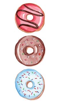 watercolor hand drawn red and blue round glazed donuts with chocolate set isolated on white background