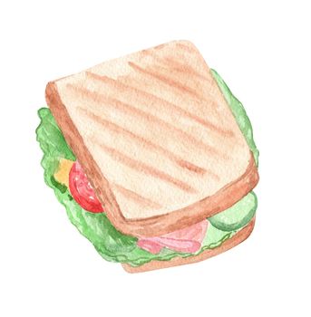 watercolor sandwich with ham and salad isolated on white background