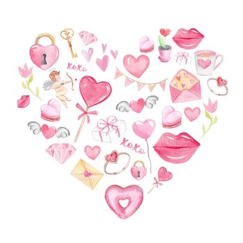 watercolor heart with many little pink elements for valentines day on white background. Hand drawn greeting card