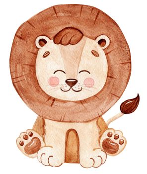 Watercolor cute lion baby isolated on white background. African wild animals
