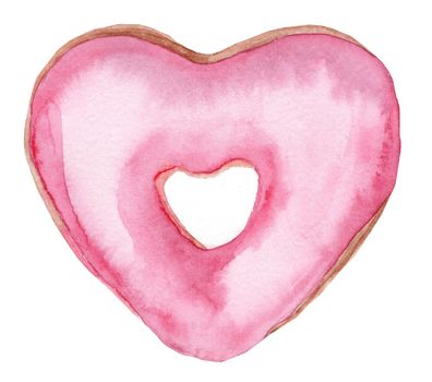 Watercolor hand painted heart shaped pink glazed donut isolated on white background