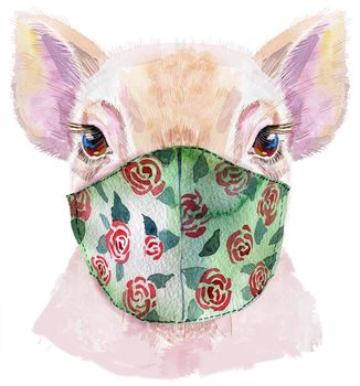 Cute piggy in medical mask. Pig for T-shirt graphics. Watercolor pink mini pig illustration