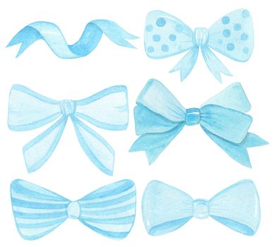 watercolor hand drawn blue bows and ribbons set on white background