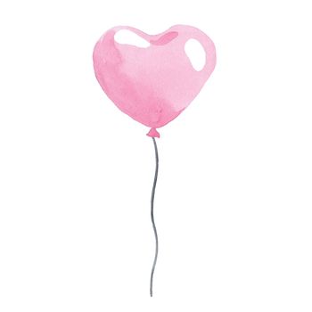 watercolor pink heart balloon with string isolated on white background