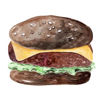 watercolor hand drawn black burger with cheese and salad isolated on white background