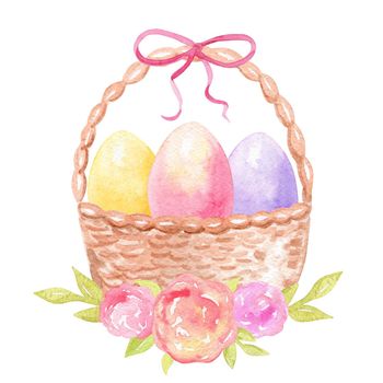 watercolor hand drawn easter basket with yellow pink purple eggs and pink bow and flowers isolated on white background