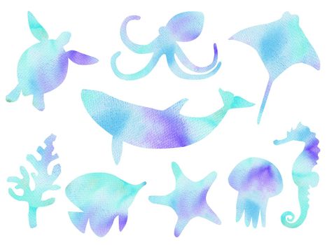 Ocean fishes and animals silhouettes set isolated on white background. Blue Watercolor illustration. World oceans day clip art