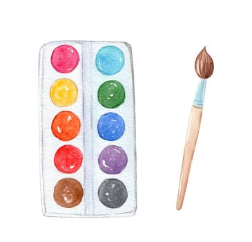 watercolor paintbrush and paints set illustration isolated on white background