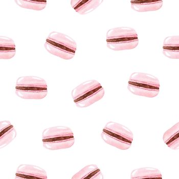 watercolor pink macarons seamless pattern on white background for fabric, textile, scrapbooking, wrapping paper, invitations, cooking and kitchen decorations