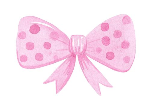 watercolor hand drawn cute pink bow with polka dot isolated on white background