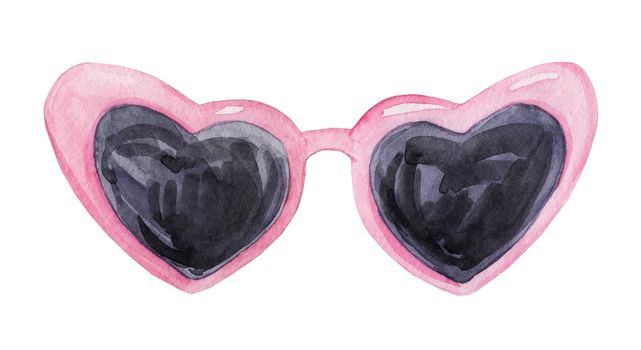 Watercolor pink sunglasses heart shaped isolated on white background