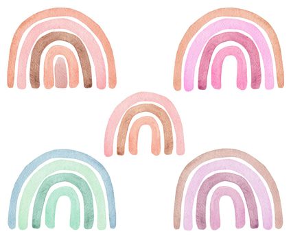 watercolor hand drawn rainbows set isolated on white background for baby shower design, nursery decor, fabric, kids print, playroom poster